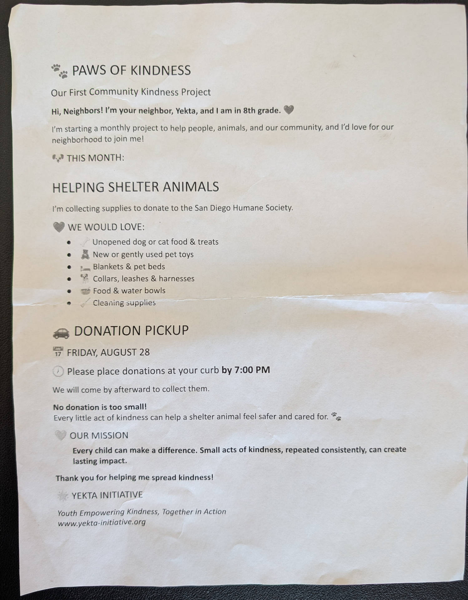 The flier we distributed when walking around our neighborhood.